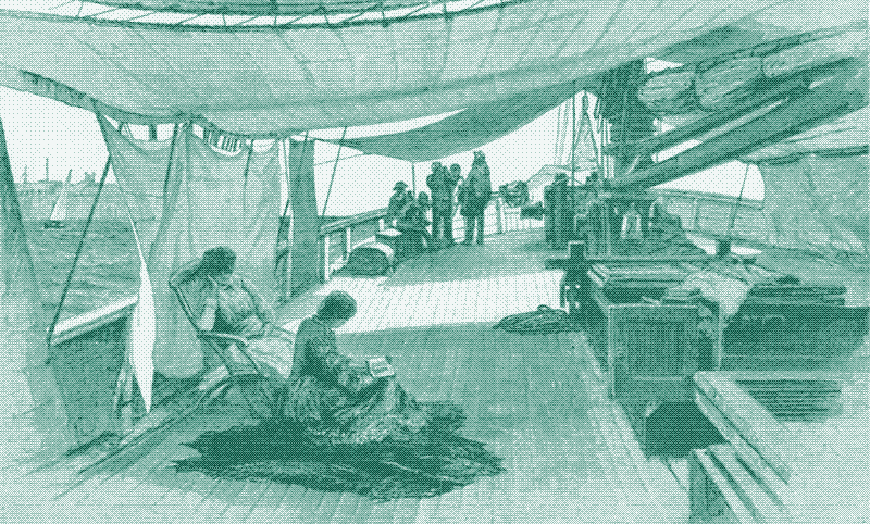 Hình ảnh: Mái hiên che chắn mọi người trên tàu &ldquo;Undine&rdquo;. Minh họa cho The Graphic, 12/11/1887. Ảnh thuộc phạm vi công cộng.